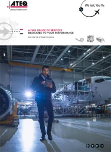 ATEQ Aviation services brochure cover showing a technician in an aircraft hangar